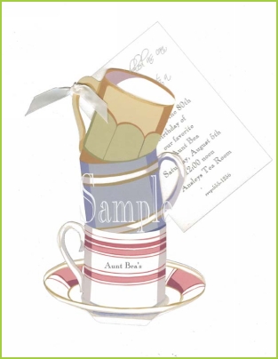 Stacked Cups with antique white ribbon tag invitation by Stevie Streck